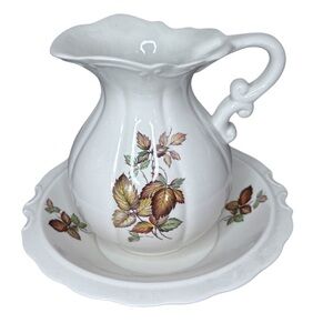 Vintage Unique White Ceramic Pitcher & Bowl Set with Leaf
Design